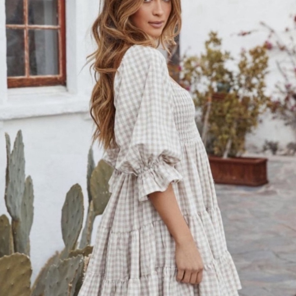 VICI Cotton Smocked Gingham Babydoll Dress - Taupe